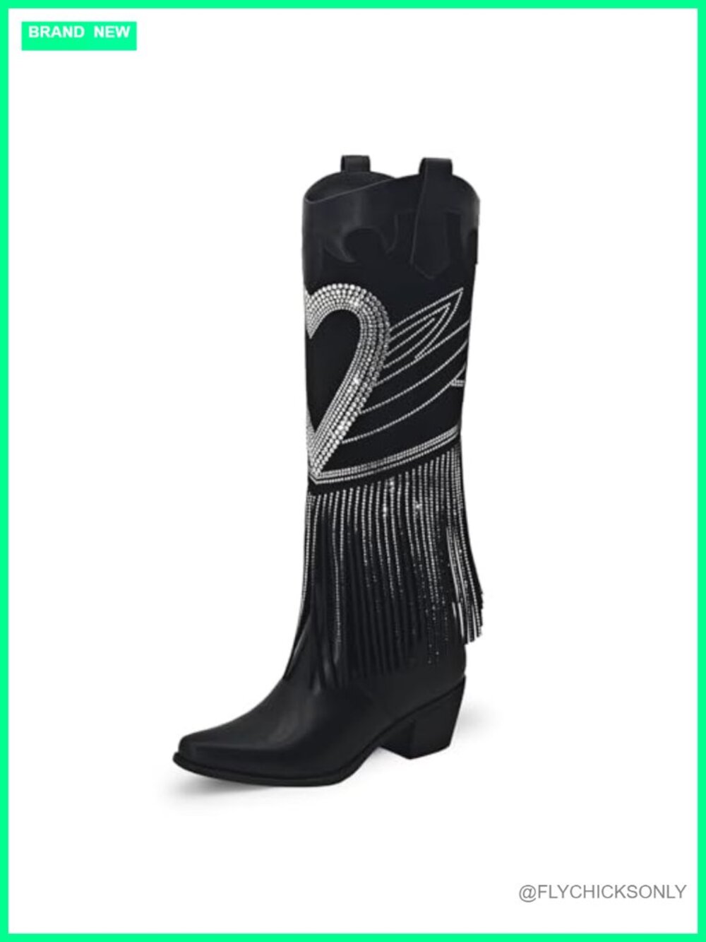 Rhinestone Fringe Cowboy Boots Wide Calf Knee High Chunky Heel Pointed Toe